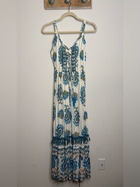 Anthropologie White Maxi Dress with Blue Paisley Print